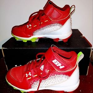 Under Armor BH high top cleats, red/wht/yellow, youth size 3/ Women's 5